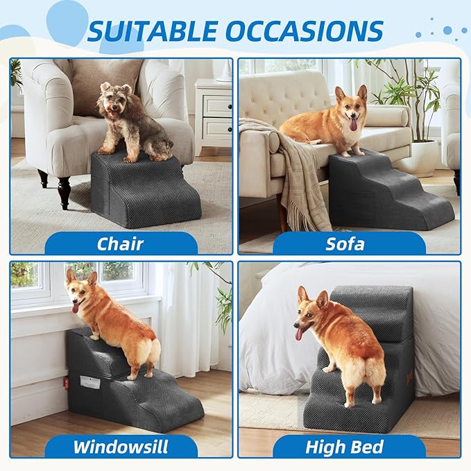 Dog Stairs for Small Dogs and Cats, 2 Steps Pet Stairs to Get on Couch Sofa and Chair, Indoor Non-Slip Balanced Portable Pet Step, High-Density Foam Ramp with Removable Washable Cover, Grey（11.8" H）-PawvioPets
