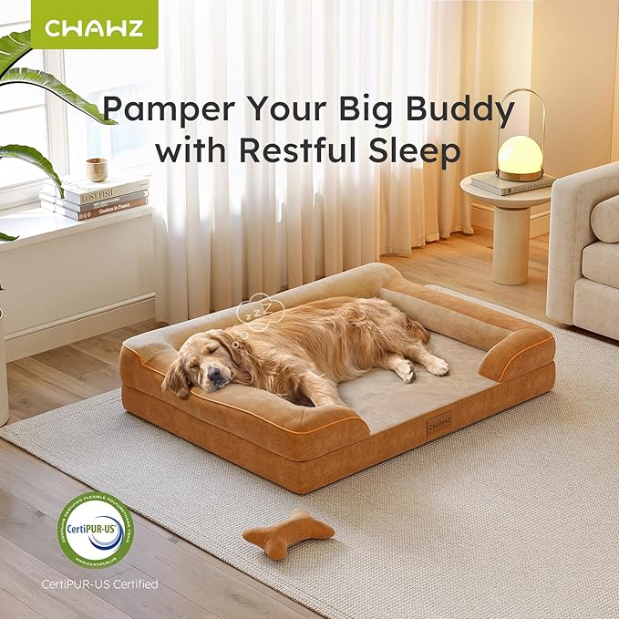 Extra Large Dog Bed, Orthopedic Dog Beds with Cooling Gel Memory Foam, Waterproof XL Pet Bed with Removable Washable Cover, 42" Pet Sofa Couch Dutch Velvet with Bone Toy, Brown-PawvioPets