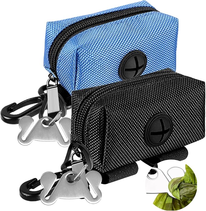 Dog Waste Bag Dispenser Pet Poop Bags Holder for Doggie Waste Bags Dispensers Soft Fabric Zipper Small Doggy Puppy Pouch for Leash Accessory Attachment with Carrier,2PCS Blue&Black-PawvioPets