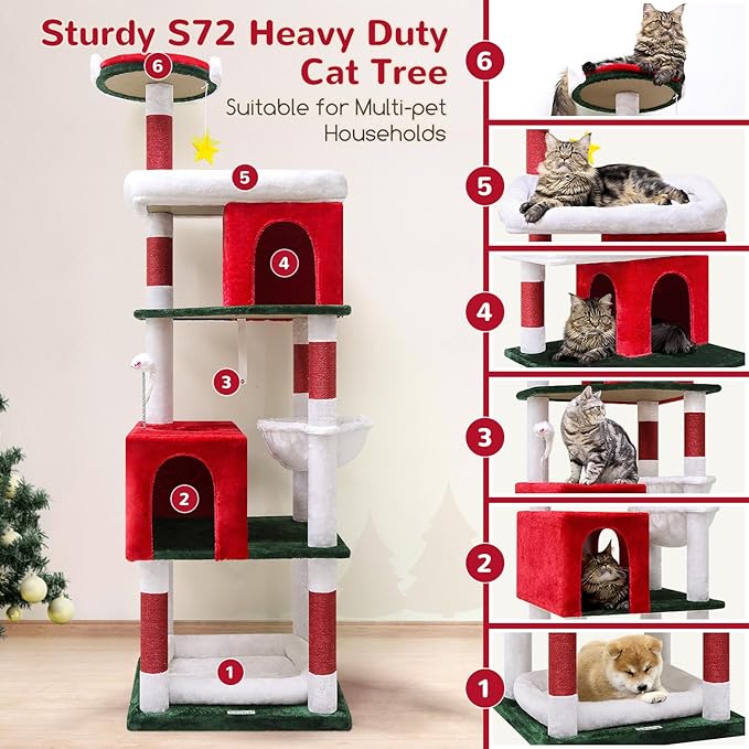 Globlazer Heavy Duty Cat Trees for Large Cats, Sturdy 72in Maine Coon Cat Tree for Large 20 lbs+ Heavy Duty Cat Tower for Adult Biggest Cats with 6 Scratching Posts, Hammock, S72, Red White Green-PawvioPets