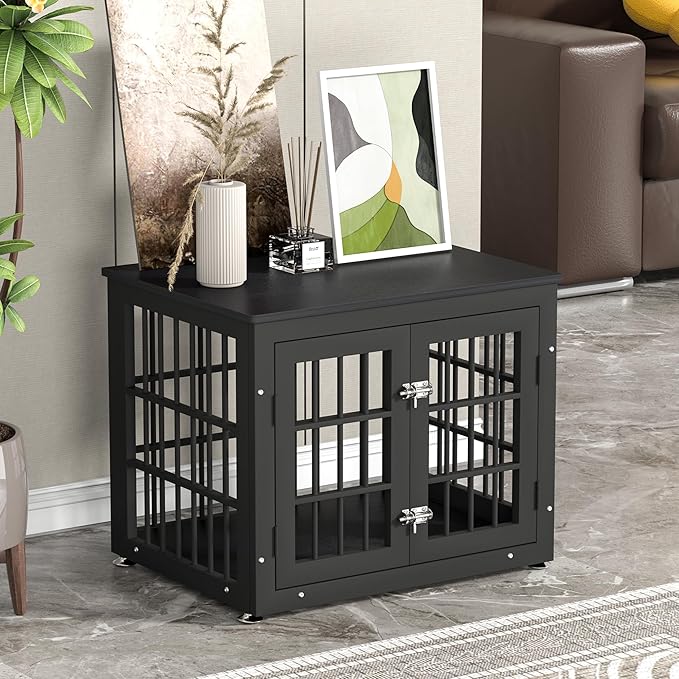 26 Inch Heavy Duty Dog Crate Furniture for Small Dogs, Decorative Pet House End Table, Wooden Cage Kennel Furniture Indoor, Black-PawvioPets