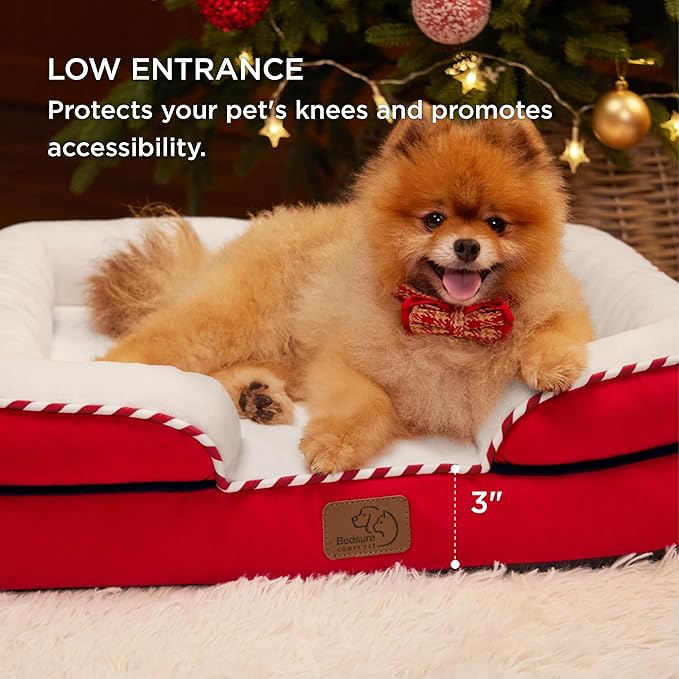 Bedsure Orthopedic Dog Beds for Small Dogs - Washable Small Dog Cat Bed Waterproof, Comfort Pet Couch Sofa with Washable Removable Cover, Pets Bed with Nonskid Bottom, Red, 24"-PawvioPets