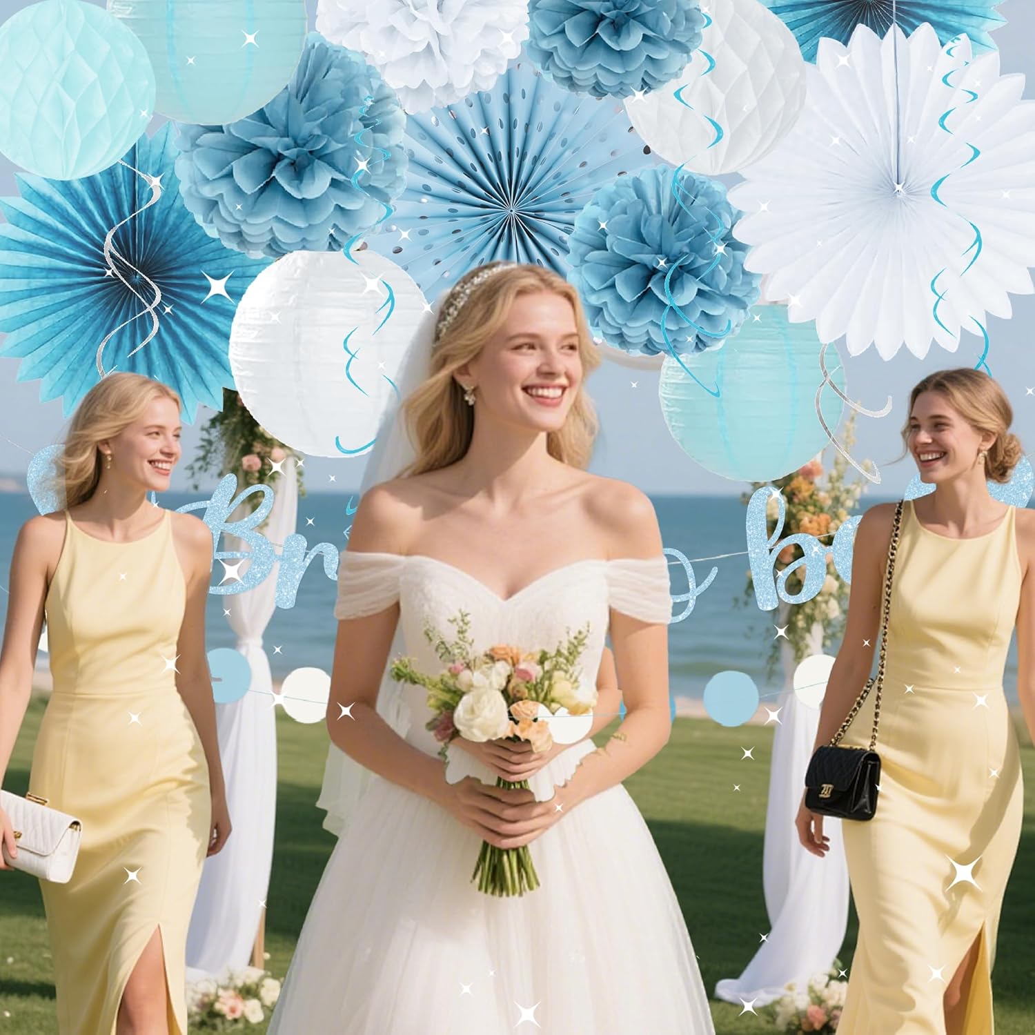 Holkcog Blue White Bachelorette Party Decorations, 21pcs Women Bridal Shower Decor Garland Paper Streamers Lantern Swirls for Girls Boys,Wedding Decoration, Blue Bride To Be Gilrs Wedding Party Supply