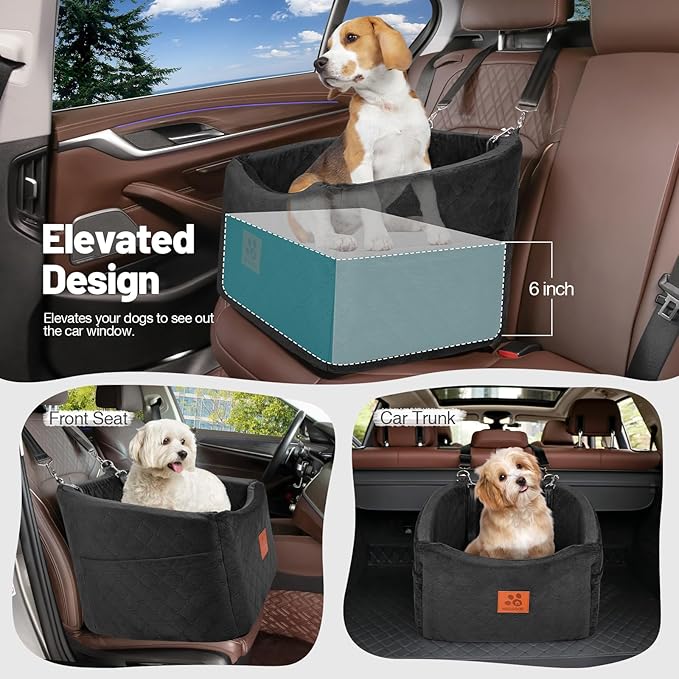 Dog Car Seat for Small Medium Dogs, Memory Foam Booster Car Seat for Dogs up to 35 lbs, Elevated Pet Car Seat, Travel Safety Bed with Washable Removable Cover and Storage Pockets(Black)-PawvioPets