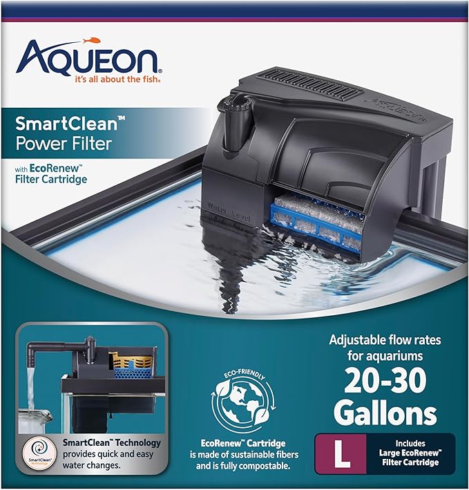 Aqueon Aquarium Fish Tank SmartClean Power Filter with EcoRenew Filter Cartridge, 20-30 Gallons-PawvioPets