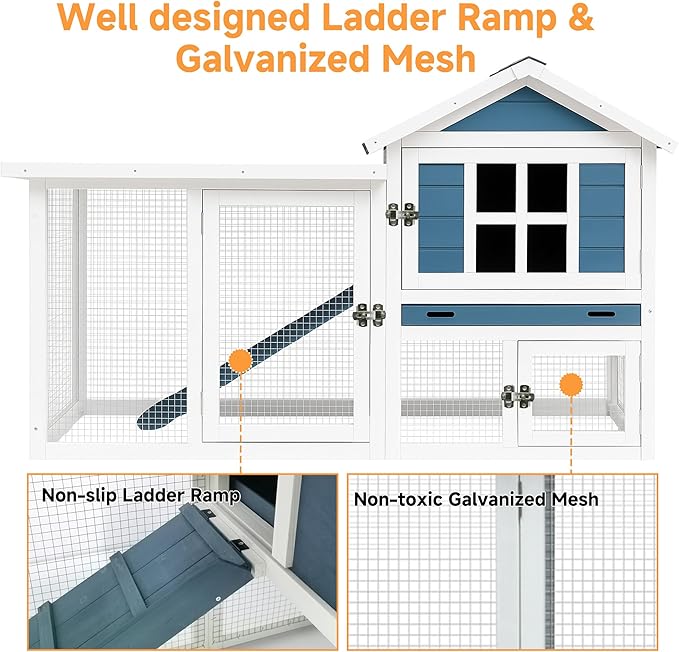 GARWOOD Large Outdoor Indoor Rabbit Hutch Wooden Bunny Rabbit Cage 2-Story with Run No-Leak Pull-Out Tray Waterproof Asphalt Roof Ramp for Guinea Pig Small Animal Wood Pet House Home Blue White-PawvioPets