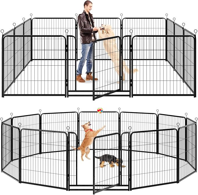 Dog Playpen Outdoor Extra Wide 12 Panels Heavy Duty Dog Fence 32" Height Anti-Rust with Doors Portable for RV Camping Yard, Total 32FT, 79 Sq.ft, Snowy Black-PawvioPets