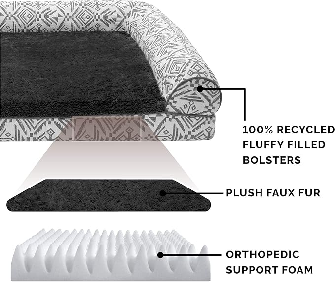 Furhaven Orthopedic Dog Bed for Large/Medium Dogs w/ Removable Bolsters & Washable Cover, For Dogs Up to 55 lbs - Plush & Southwest Kilim Woven Decor Sofa - Boulder Gray, Large-PawvioPets
