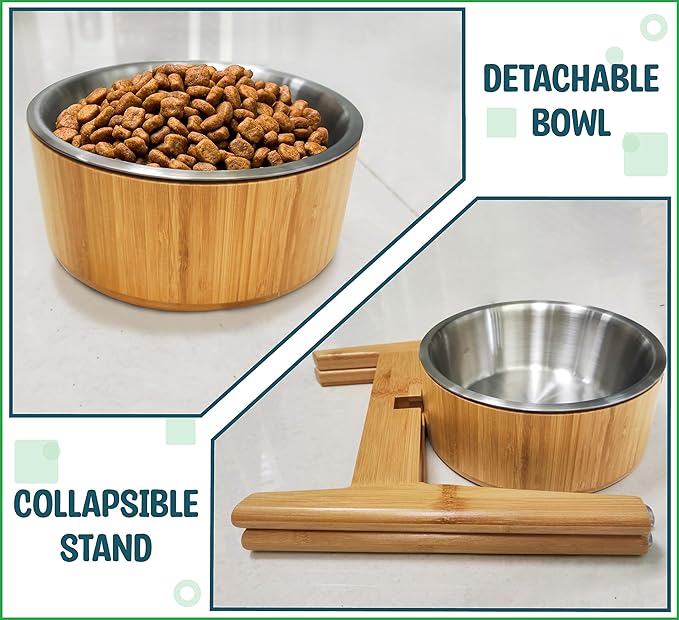 Elevated Dog Bowls for Large Breed - (15-Inch Tall, 74-oz Cap), Deter Ants and Bugs - Raised Single Feeder, Suitable for Dry and Wet Pet Foods - Bamboo with Stainless Steel Dish-PawvioPets