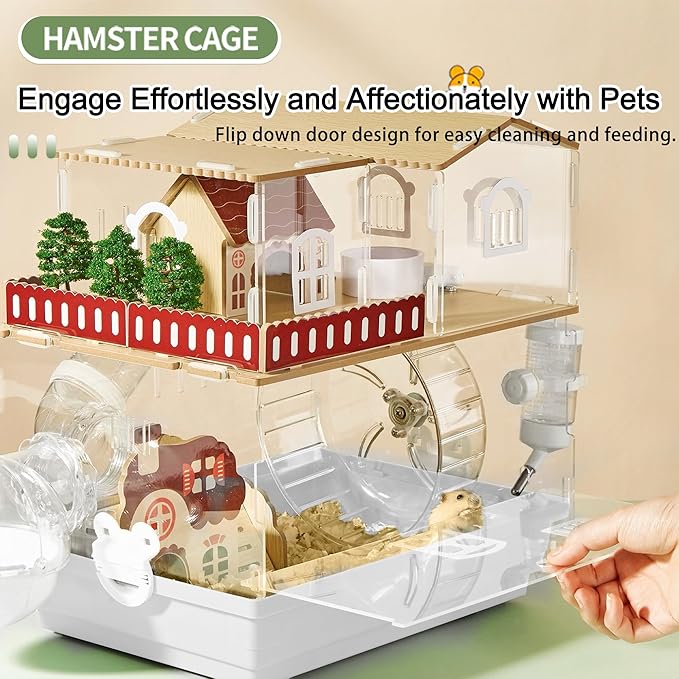 12 in 1 Clear Acrylic Hamster Cage with All Accessories,13.5''L* 10''W* 15''H Dwarf Hamster Cage,Magnetic Connection Small Hamster Enclosure,Garden Style Wooden Mouse Cage for Pet Mice(2-Layer,White)-PawvioPets
