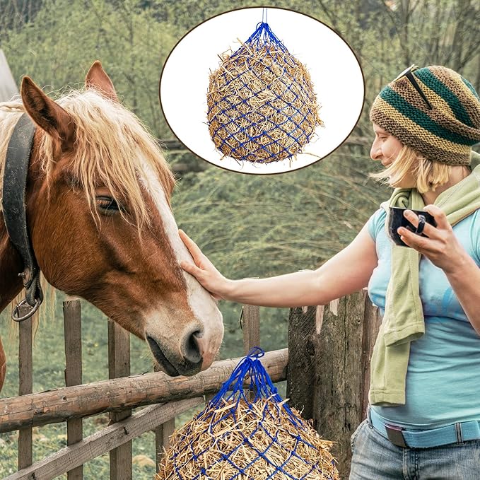 Fabbay 4 Pcs Slow Feed Hay Net Feeder Hay Bag for Horses Slow Feeder 40 Inch Length with 2 Inch Holes Hanging Horse Feed Net for Goat Cattle Equine Stalls Barn Supplies(Blue)-PawvioPets