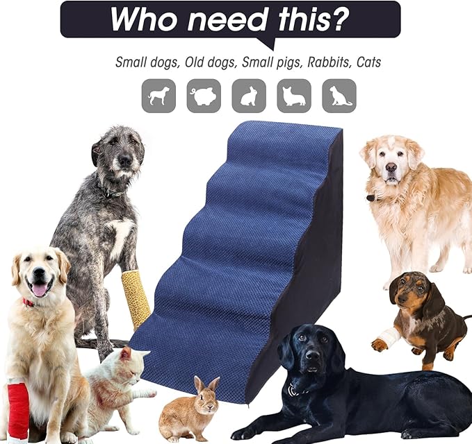 Dog Stairs&Steps for High Beds Up to 28'', 5-Step Dog Ramp for Small Medium Dogs with Washable Cover, Pet Steps for Cats to Get on Couch and Sofa, Durable Foam Ladders, 24.4" Tall, Blue-PawvioPets