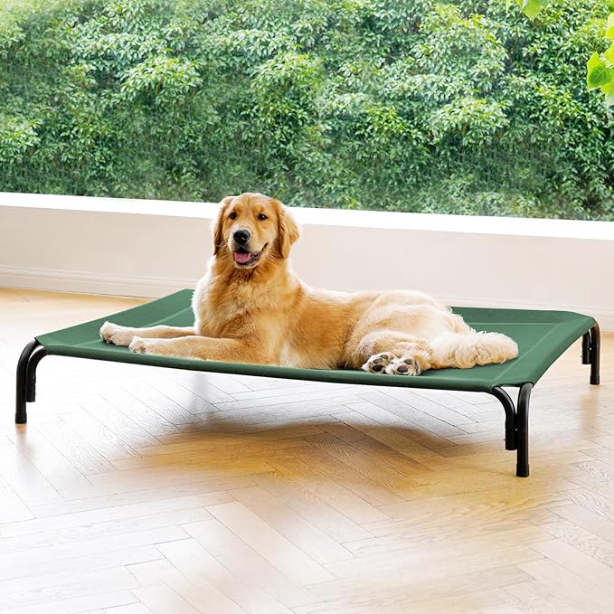 Elevated Dog Bed Raised Outdoor Dog Cot for Extra Large Dogs, Installation Requires No Tools, Frame with Washable Cooling Breathable Mesh Anti-Slip Feet, Indoor Pet Bed, Green, 48.8 Inches-PawvioPets