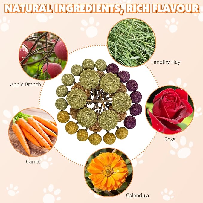 Fhiny Rabbit Chew Toys, 30 PCS Natural Bunny Lollipop Chew Sticks Handmade Guinea Pig Molar Treats for Teeth Small Animals Snacks for Guinea Pig Bunny Chinchilla Hamster Gerbil Teeth Care-PawvioPets