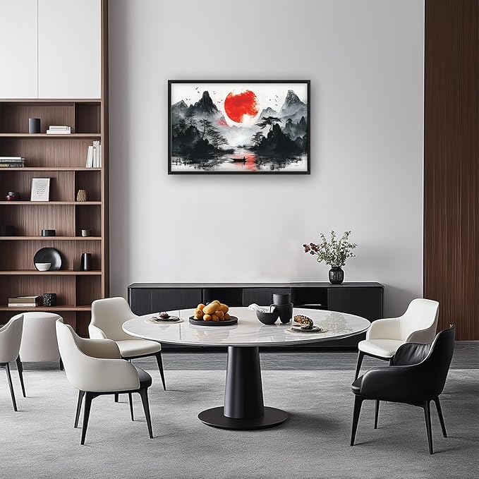 Framed Large Japanese Mountain Wall Art for Living Room, Oversized Asian Red Sun Lake Landscape Wall Decor Nature Canvas Painting Home Decoration for Living Room Bedroom Office 36"x24"-PawvioPets