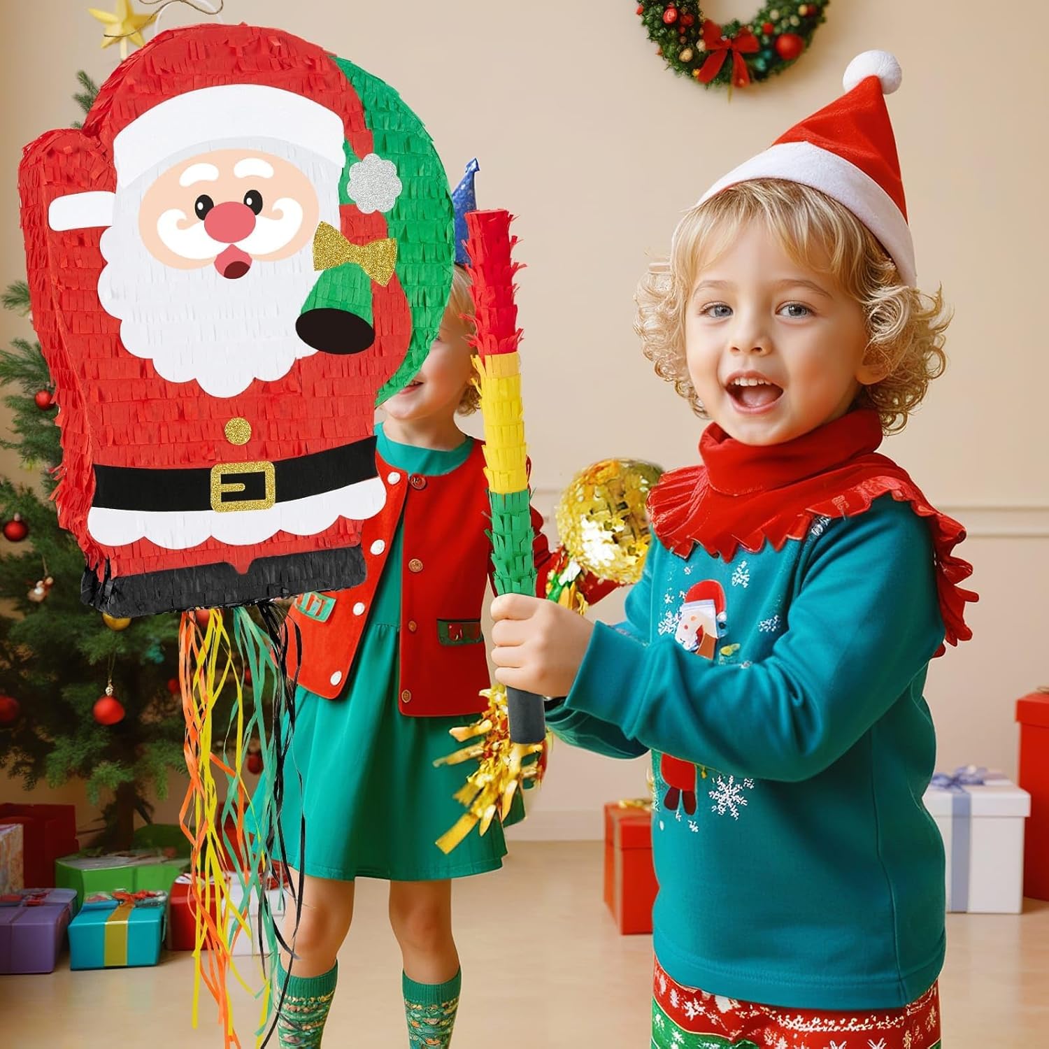 WERNNSAI Christmas Santa Pinata - Christmas Decorations Red Santa Claus Party Games for Kids Xmas Festival Supply Father Xmas GIft Delivery Xmas Large Pinata Pull String with Blindfold Bat