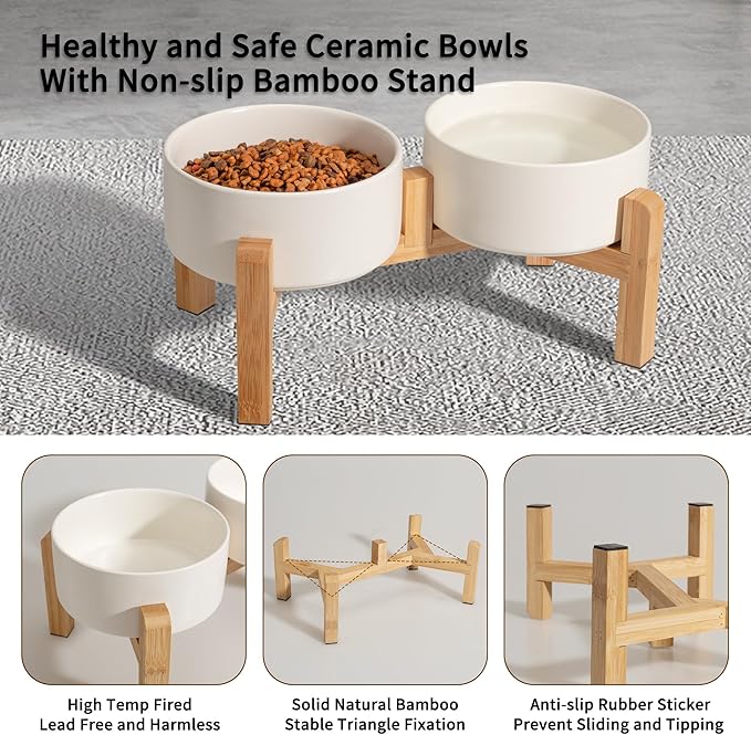 Elevated Ceramic Dog Bowl Set - Raised Feeding Bowls with Non-Slip Bamboo Stand - Small Pet Dishes for Food and Water - Ideal for Cats and Puppies - 16.23 OZ - 2 Cups - 480 ML-PawvioPets