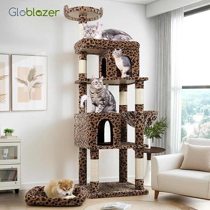 Globlazer Heavy Duty Cat Trees for Large Cats, Sturdy 72in Maine Coon Cat Tree for Large Cat 20 lbs+ Heavy Duty Cat Tower for Adult Biggest Cats with 6 Scratching Posts, Hammock, S72, Leopard Print-PawvioPets