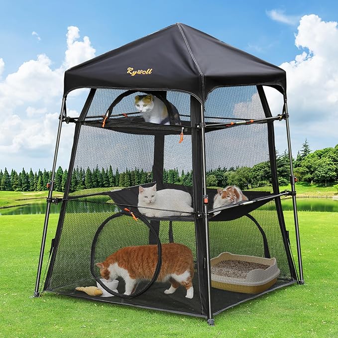 Extra Large Catio Outdoor Cat Enclosure, Rywell 3-Tier Spacious Outdoor Cat Tent, Weatherproof&Sunproof with 5 Windows, Foldable Cat Enclosure for Patio, Camping, Indoor(Includes Carry Bag)-PawvioPets
