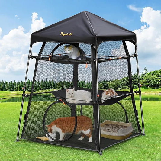 Extra Large Catio Outdoor Cat Enclosure, Rywell 3-Tier Spacious Outdoor Cat Tent, Weatherproof&Sunproof with 5 Windows, Foldable Cat Enclosure for Patio, Camping, Indoor(Includes Carry Bag)-PawvioPets