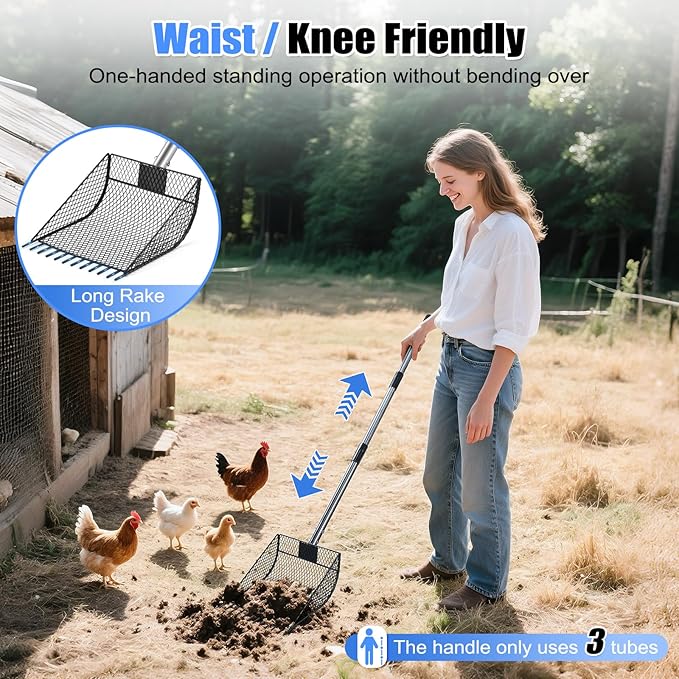 CAROD Chicken Poop Scooper & Rake 2-in-1, Metal Chicken Coop Scoop for Poop with 24 to 68" Adjustable Stainless Steel Handle, Litter Scooper Sand Sifting Shovel Chicken Coops/Animals House-PawvioPets
