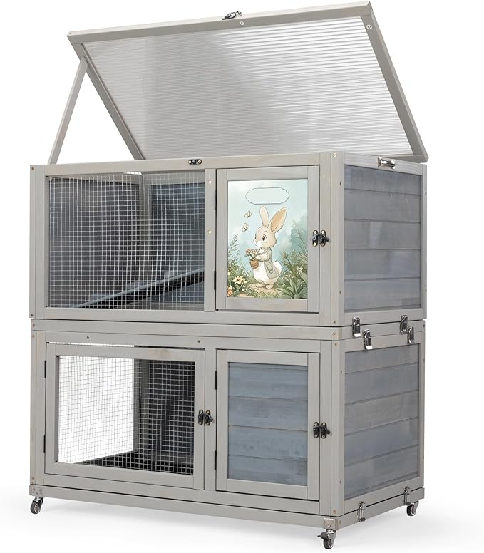 2-Story Wooden Rabbit Hutch for Outdoor & Indoor, Bunny Cage Rabbit House with Wheels, Trays, Ramp, Pet Home for Guinea Pigs, Chickens, Chicken Coop, Gray with Colorful Patterns-PawvioPets