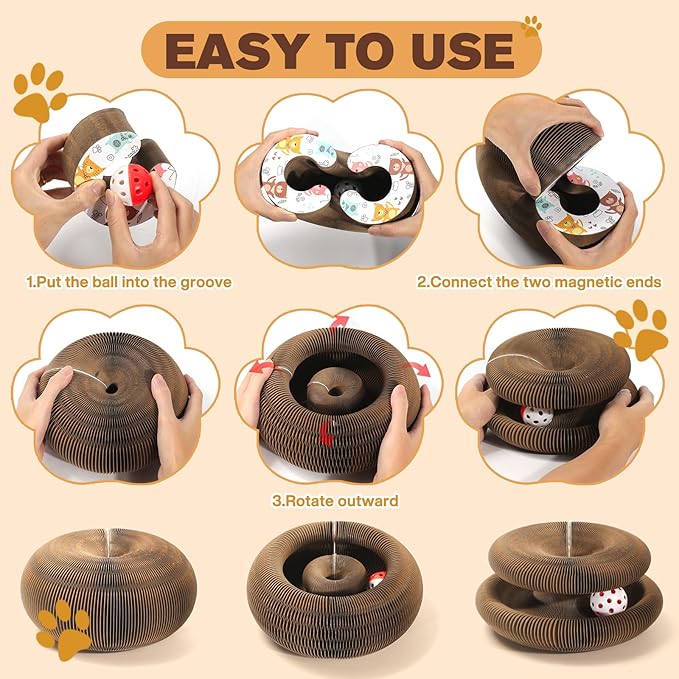 2 PCS Magic Organ Cat Scratcher Board with 6 Balls, Foldable Recyclable Accordion Cats Toy with Ball and Track Adventure, Cat Scratching Pad, Retractable Reversible Furniture Protector(Brown)-PawvioPets