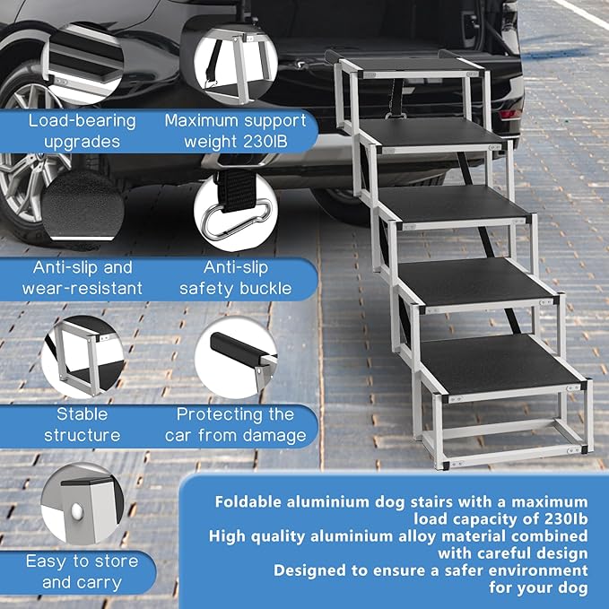 Dog Stairs for Large Dogs - 5 Step Foldable Dog Ramp for Car Non-Slip Surface Support up to 230lbs - Suitable for SUV,Truck, Sofas, Bed-PawvioPets