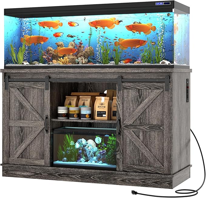 Farmhouse 55-75 Gallon Fish Tank Stand with Power Outlet, Aquarium Stand with Cabinet&Sliding Barn Door, Heavy Duty Reptile Tank Stand for 2 Fish Tank/Turtle Tank/Reptile Terrarium, Grey-PawvioPets