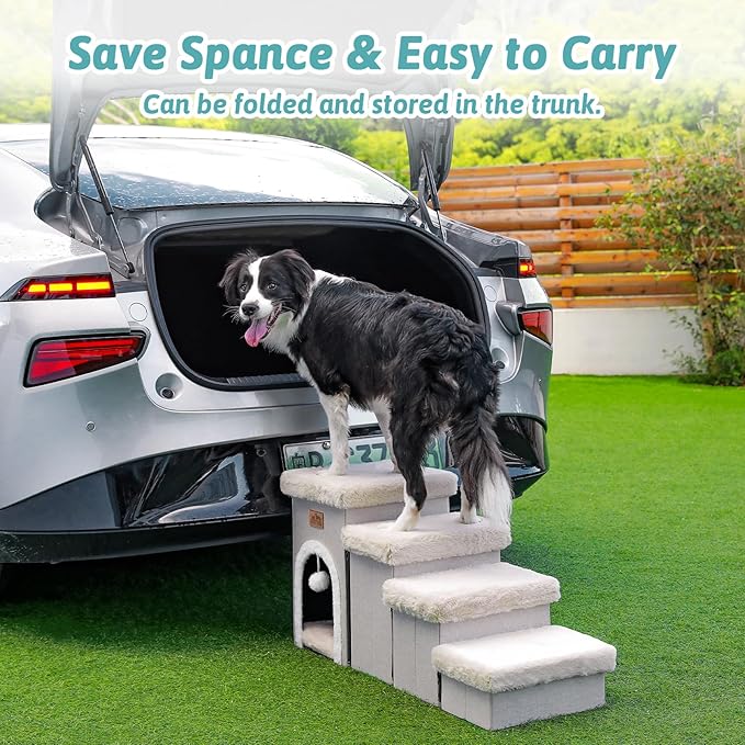 Dog Stairs for Small Dogs with Storage and Condo, 17.5" H Foldable Pet Stairs for Small Medium or Puppy Dogs and Older Cats, Dog Steps for Bed or Couch, 13x35x17.5 inch, 4 Tiers, Beige-PawvioPets