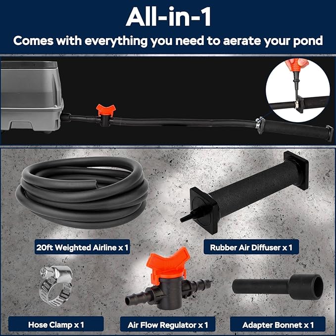 AquaMiracle All-in-1 Koi Pond Aeration Kit Pond Air Pump with Self-Sinking Airline Rubber Air Diffuser, Air Flow Control Pond Aerator for Outdoor Pond 2,000-5,000 Gallons-PawvioPets