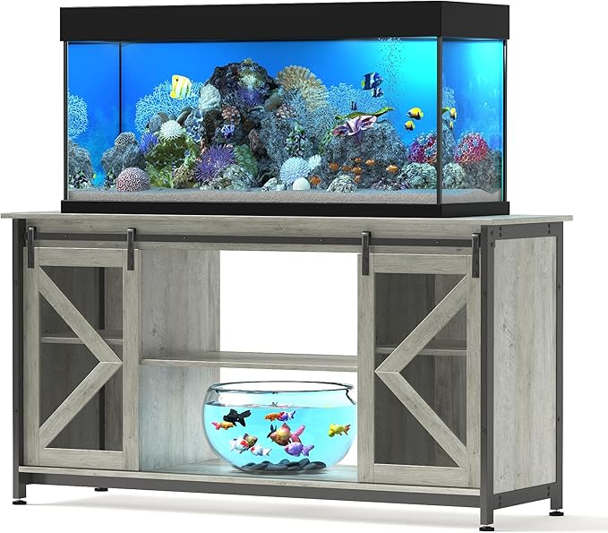 55-75 Gallon Aquarium Stand Heavy Duty Steel Frame, Fish Tank Cabinet with Accessories Storage for Reptile Terrarium & Turtle Tank - 1000lbs Capacity (Grey)-PawvioPets