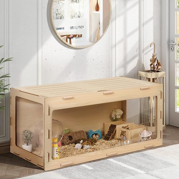 COZIWOW Wooden Hamster Cage Chewproof, Bigger World - 32" Large Hamster Cages and Habitats, Openable Top & 3 Side Acrylic Sheets, Small Animal Cage Pet House for Syrian Dwarf Guinea Pig Chinchilla-PawvioPets