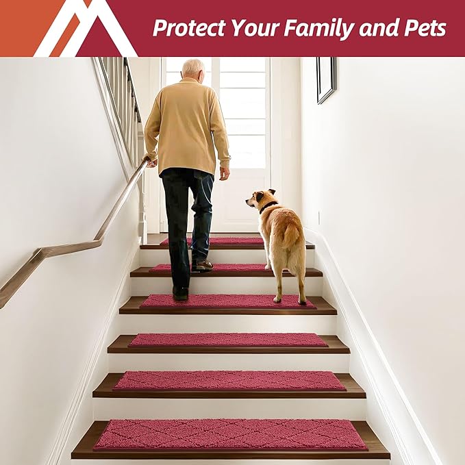 COSY HOMEER Edging Stair Treads Non-Slip Carpet Mat 28inX9in Indoor Stair Runners for Wooden Steps, Edging Stair Rugs for Kids and Dogs, 100% Polyester TPE Backing (15pc, Red)-PawvioPets