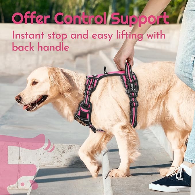 Eagloo Dog Harness for Large Dogs, Easy Wearing with 3 Buckles, Adjustable No Pull Pet Harness with 2 Rings for Walking, No Chock Reflective Soft Padded Vest with Control Handle, Pink & Black, L-PawvioPets