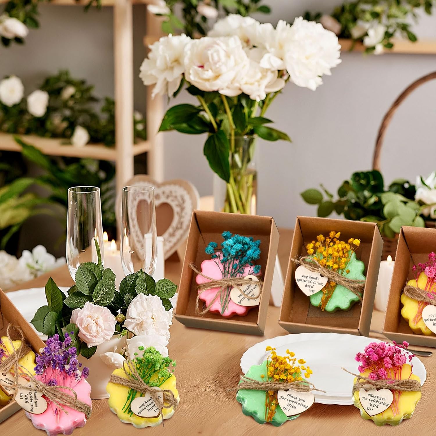 Kigeli Set of 45 Soap Favors DIY Bridal Shower Favors Bulk Wedding Soap Gifts Baby Shower Scented Soap Favors Natural Handmade Soap Bars for Wedding Bridal Shower (Green, Yellow, Red, Flower)