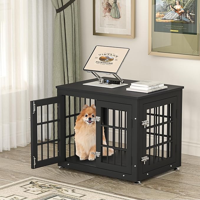 26 Inch Heavy Duty Dog Crate Furniture for Small Dogs, Decorative Pet House End Table, Wooden Cage Kennel Furniture Indoor, Black-PawvioPets