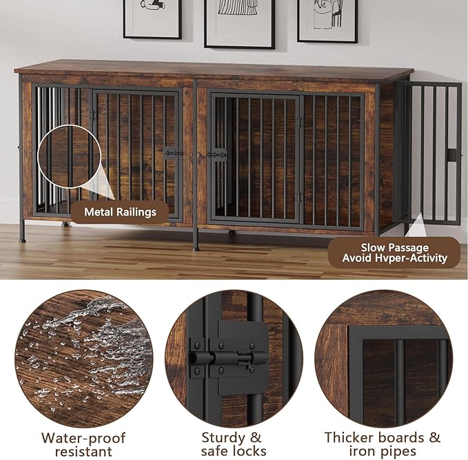 EasyCom 78 Inch Dog Crate Furniture for 2 Dogs, Extra Large Double Dog Cage Large Breed, XXL Thick Wooden Dog Crate TV Stand, Sturdy Dog Kennel with Divider-PawvioPets
