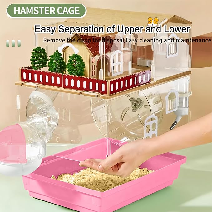 12 in 1 Clear Acrylic Hamster Cage with All Accessories,13.5''L*10''W*15''H Dwarf Hamster Cage,Magnetic Connection Small Hamster Enclosure,Wooden Mouse Cage for Pet Mice(2-Layer,Pink) Install Required-PawvioPets