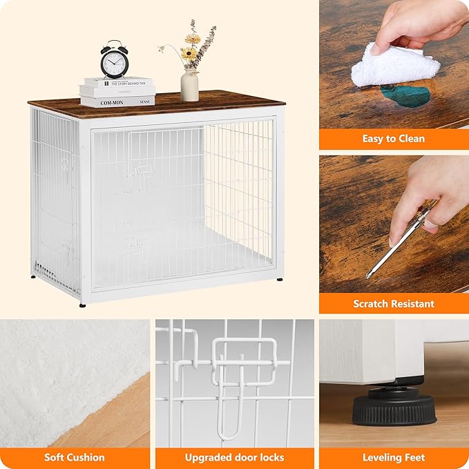 DWANTON Dog Crate Furniture with Cushion, Wooden Kennel Table with Double Doors, Indoor Dog House, Extra Large Size, 43.3" L, White+Rustic Brown-PawvioPets