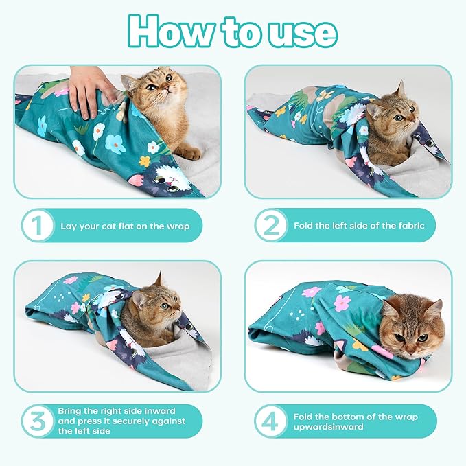 Cat Grooming Wrap, Cat Wrap for Cutting Nails, Self-Adherent Fabric Wrap for Cats, Cat Burrito Wrap Anti-Scratch, Anti-Escape, Multifunctional Swaddle Wrap Pet Tool 27.5×27.5"-PawvioPets