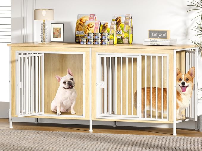 EasyCom 63" Dog Cage Furniture for 2 Pets with Divider, XL Wooden Double Dog Crate Furniture TV Stand for Mideum Breed, Durable and Sturdy-PawvioPets