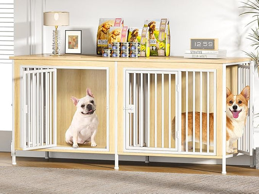 EasyCom 63" Dog Cage Furniture for 2 Pets with Divider, XL Wooden Double Dog Crate Furniture TV Stand for Mideum Breed, Durable and Sturdy-PawvioPets