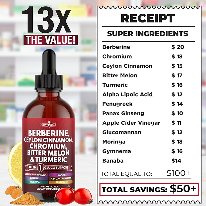 Berberine with Ceylon Cinnamon Supplement Liquid Drops + Bitter Melon Extract, Glucomannan, Gymnema, Chromium, Turmeric, Panax Ginseng, Moringa- 4 OZ-PawvioPets