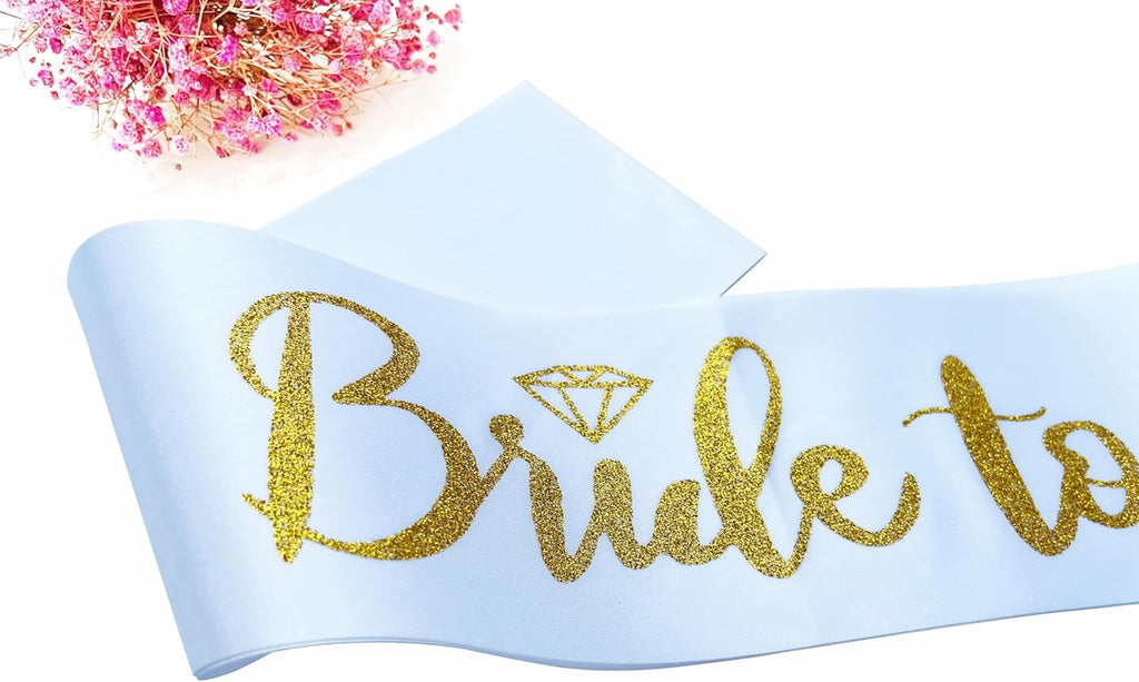 Bride to Be Sash, Bachelorette Party Sash for Bridal Shower Wedding Party Favors Accessories Supplies Engagement Gifts,White Satin with Glitter Letter Gold