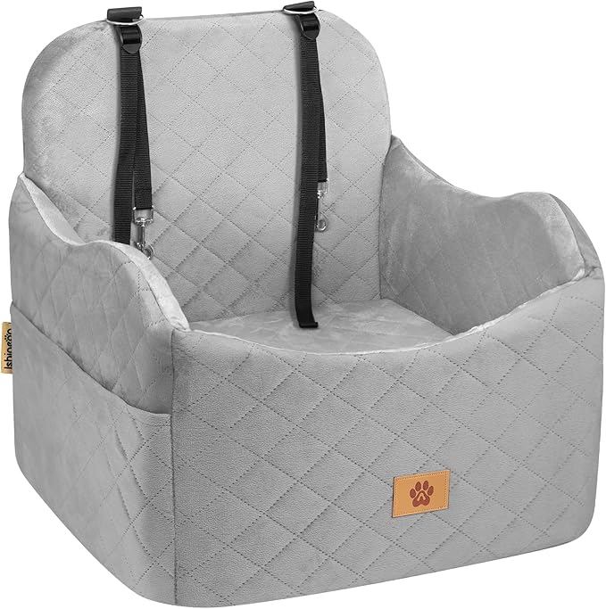 Car Seat Booster for Dog: High-Support Memory Foam Pet Car Seat for Small/Medium Dogs Under 35lbs with Elevated Cushion - Detachable Washable Puppy Travel Bed for Driving with Pockets (Grey)-PawvioPets