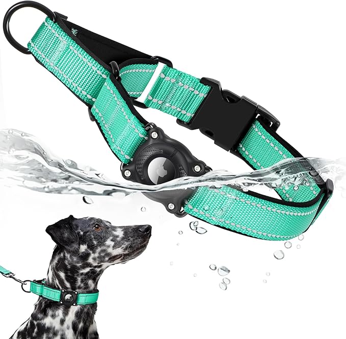 Airtag Dog Collar with Martingale Design, IP68 Waterproof Air Tag Collar Holder, Adjustable Reflective Soft Padded Nylon Dog Collar for Large Medium Small Dogs-PawvioPets