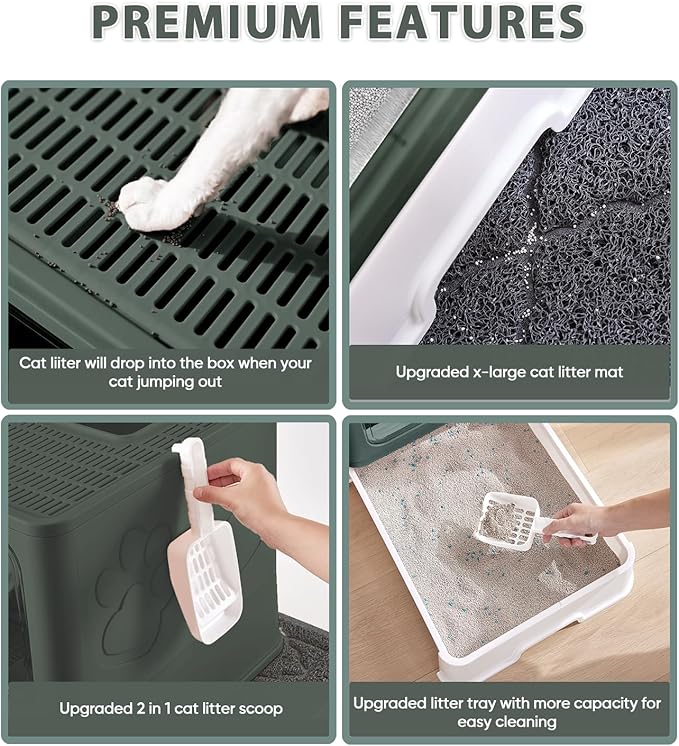 Cat Litter Box with X-Large Litter Mat and Scoop, Large Foldable Litter Box with Lid, Enclosed Kitty Box,Front Top Entry Exit, Odor Control Easy to Clean (Upgrade Olive Green)-PawvioPets