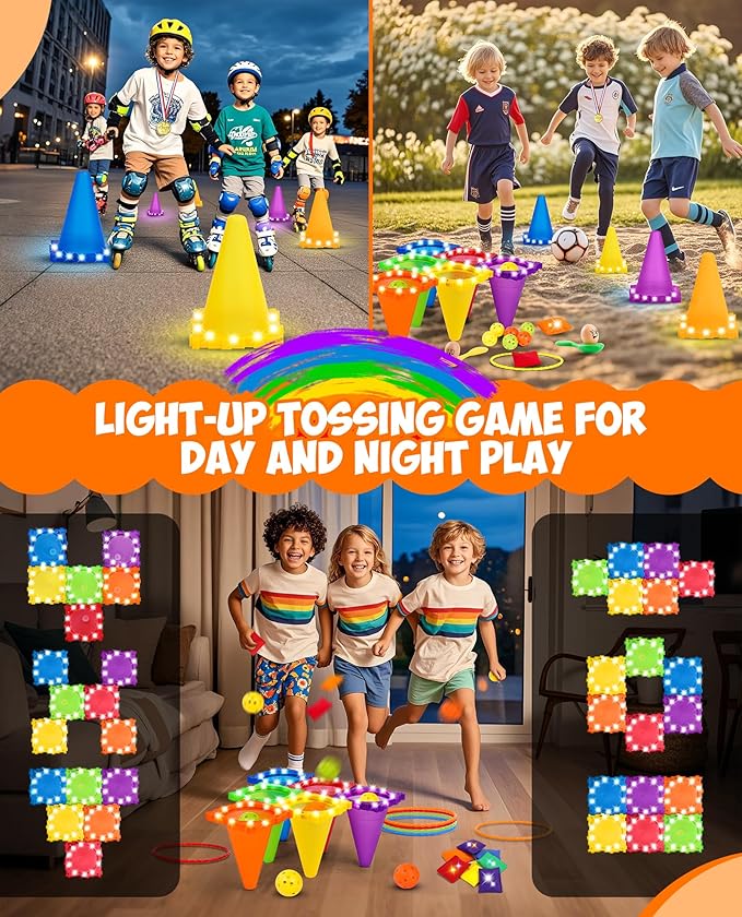 Eocolz 49PCS Carnival Games Outdoor Combo Set for Kids with LED Light, Plastic Cones Obstacle Course Bean Bags Balls Ring Toss Game Egg and Spoon Race Lawn Game, Gift for Birthday Party/Xmas/Easter-PawvioPets