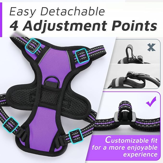 Eagloo Small Dog Harness No Pull, Service Vest with Reflective Strips and Control Handle, Adjustable and Comfortable for Easy Walking, No Choke Pet Harness with 2 Metal Rings, Purple, XS-PawvioPets
